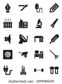 Set of vector isolated black icon - satellite antenna vector, desk, pencil, rake, wheelbarrow, pruner, saw, dropper, thermometer, microscope, barbell, office phone, speaker, radio, fingerprint id
