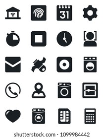 Set of vector isolated black icon - washer vector, navigation, satellite, heart, stop button, rec, settings, clock, stopwatch, mail, scanner, sim, calendar, face id, fingerprint, phone, calculator