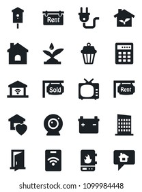 Set of vector isolated black icon - house vector, bird, tv, rent, sold signboard, sweet home, city, eco, power plug, irrigation, water heater, web camera, outdoor lamp, garage gate control, door