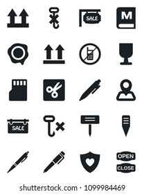 Set of vector isolated black icon - no mobile vector, pen, stamp, plant label, heart shield, navigation, fragile, up side sign, hook, sd, cut, sale, menu, open close