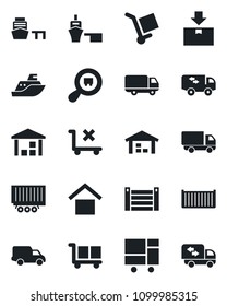 Set of vector isolated black icon - sea shipping vector, truck trailer, cargo container, car delivery, port, consolidated, warehouse storage, no trolley, package, search, moving