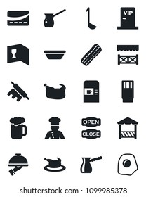 Set of vector isolated black icon - coffee machine vector, cook, wine card, drink, beer, bacon, waiter, vip zone, open close, alcove, credit, chicken, ladle, bowl, rolling pin, turkish, omelette