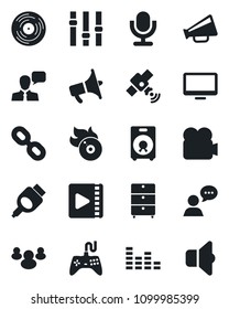 Set of vector isolated black icon - vinyl vector, archive chest, flame disk, satellite, loudspeaker, gamepad, settings, equalizer, video camera, microphone, speaker, monitor, chain, group, hdmi
