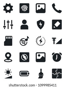 Set of vector isolated black icon - call vector, gallery, protect, settings, tuning, themes, user, alarm, sd, notes, brightness, place tag, compass, fingerprint id, music, cellular signal, battery