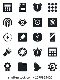 Set of vector isolated black icon - mobile vector, menu, camera, calculator, clock, alarm, bell, sd, folder, notes, torch, compass, eye id, fingerprint, charge, sertificate, root setup