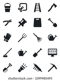 Set of vector isolated black icon - job vector, shovel, farm fork, rake, ladder, watering can, bucket, pruner, glove, hoe, axe, monitor pulse, torch, cut, drawing pin, rolling, cutting board