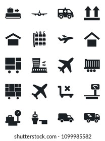 Set of vector isolated black icon - plane vector, baggage conveyor, seat map, luggage scales, airport building, ambulance car, truck trailer, delivery, sea port, consolidated cargo, up side sign