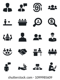 Set Of Vector Isolated Black Icon - Escalator Vector, Speaking Man, Meeting, Doctor, Client, Group, User, Company, Manager Desk, Search, Fingerprint, Palm Sproute, Handshake, Money, Hierarchy