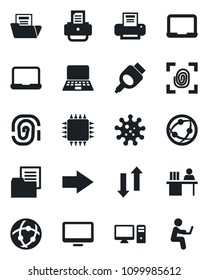 Set of vector isolated black icon - right arrow vector, notebook pc, printer, virus, folder document, network, monitor, hdmi, data exchange, manager desk, chip, fingerprint, man with