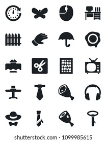 Set of vector isolated black icon - abacus vector, mouse, desk, stamp, fence, glove, butterfly, umbrella, headphones, cut, tie, tv, restaurant table, dress code, ham, clock