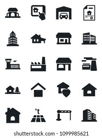 Set of vector isolated black icon - barrier vector, shop, airport building, factory, house, store, warehouse storage, office, with garage, tree, estate document, sweet home, cafe, control app