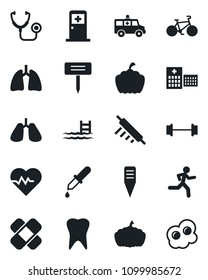 Set of vector isolated black icon - medical room vector, plant label, pumpkin, heart pulse, stethoscope, dropper, patch, ambulance car, barbell, bike, run, lungs, tooth, hospital, pool, rolling pin