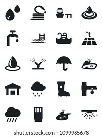 Set of vector isolated black icon - boot vector, water drop, rain, hose, drip irrigation, sea port, umbrella, warehouse, pond, pool, supply, drink, warm floor, sprinkler