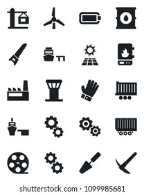 Set of vector isolated black icon - airport tower vector, trowel, glove, saw, truck trailer, sea port, oil barrel, reel, battery, windmill, crane, factory, water heater, gear, sun panel, hard work