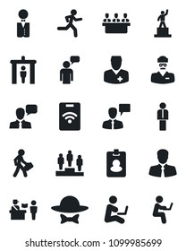 Set of vector isolated black icon - passport control vector, security gate, manager, speaking man, pedestal, run, doctor, client, speaker, meeting, waiter, dress code, pass card, with notebook