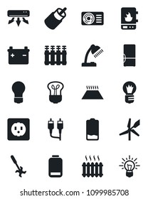Set of vector isolated black icon - bulb vector, ripper, low battery, rca, desk lamp, heater, air conditioner, fridge, socket, water, radiator, warm floor, windmill, idea