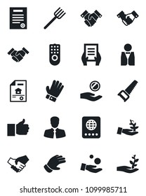 Set of vector isolated black icon - passport vector, handshake, document, farm fork, glove, saw, client, finger up, contract, estate, waiter, remote control, palm sproute, investment