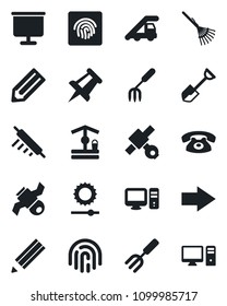 Set of vector isolated black icon - right arrow vector, ladder car, drawing pin, pencil, garden fork, shovel, rake, well, satellite, brightness, fingerprint id, presentation board, phone, rolling