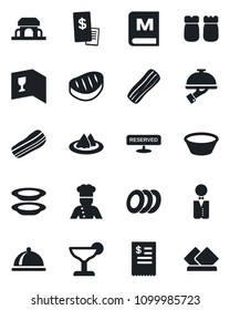 Set of vector isolated black icon - waiter vector, cook, dish, serviette, wine card, menu, reserved, cocktail, plates, bacon, salt and pepper, cafe building, restaurant receipt, steak, bowl