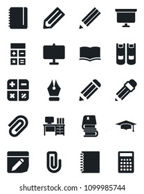 Set of vector isolated black icon - book vector, calculator, graduate, desk, notepad, presentation board, pencil, notes, copybook, paper clip, ink pen