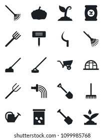 Set of vector isolated black icon - job vector, farm fork, rake, watering can, wheelbarrow, sproute, hoe, sickle, plant label, pumpkin, greenhouse, seeds, fertilizer, irrigation
