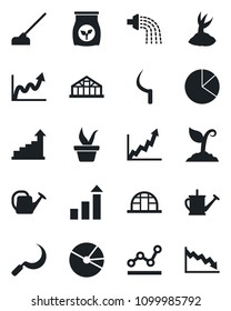 Set of vector isolated black icon - growth statistic vector, seedling, watering can, sproute, hoe, sickle, greenhouse, fertilizer, pie graph, point, crisis