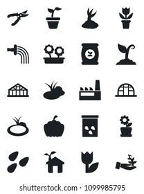 Set of vector isolated black icon - flower in pot vector, seedling, watering, sproute, pruner, pumpkin, greenhouse, seeds, pond, fertilizer, tulip, factory, eco house, palm