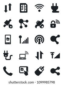 Set of vector isolated black icon - wireless notebook vector, satellite, share, rca, call, sim, data exchange, cellular signal, power plug, lock, home control app, social media
