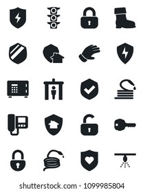 Set of vector isolated black icon - security gate vector, safe, glove, boot, hose, heart shield, traffic light, protect, lock, key, intercome, home, sprinkler