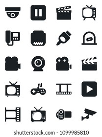 Set of vector isolated black icon - ticket office vector, clapboard, film frame, tv, gamepad, video camera, play button, pause, hdmi, web, intercome, surveillance