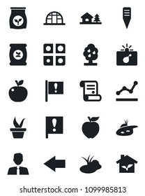 Set of vector isolated black icon - bomb in case vector, left arrow, contract, seedling, plant label, greenhouse, pond, fertilizer, important flag, application, point graph, house with tree, fruit