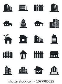 Set of vector isolated black icon - office building vector, fence, house, garden light, hospital, with garage, city, cafe, eco