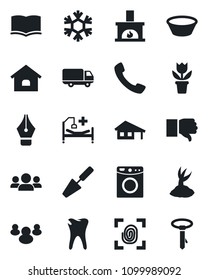 Set Of Vector Isolated Black Icon - Book Vector, Flower In Pot, Trowel, Sproute, Hospital Bed, Caries, Car Delivery, Group, Finger Down, Call, Ink Pen, House, With Garage, Fireplace, Bowl, Snowflake