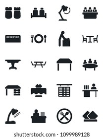 Set of vector isolated black icon - cafe vector, baby room, flight table, desk, meeting, picnic, manager, lamp, restaurant, reserved, salt and pepper, serviette