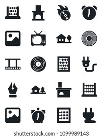 Set of vector isolated black icon - abacus vector, fireplace, film frame, vinyl, flame disk, gallery, alarm, ink pen, house with tree, tv, power plug