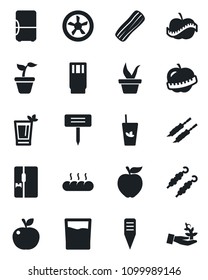 Set of vector isolated black icon - seedling vector, plant label, diet, fridge, drink, phyto bar, bacon, bread, kebab, apple fruit, fan, palm sproute