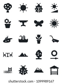 Set of vector isolated black icon - cafe vector, sun, flower in pot, lawn mower, butterfly, lady bug, brightness, pond, pool, fruit tree, mountains, table, alcove