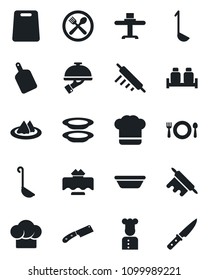 Set of vector isolated black icon - cook vector, restaurant table, serviette, cafe, hat, plates, waiter, salt and pepper, ladle, bowl, rolling pin, cutting board, knife