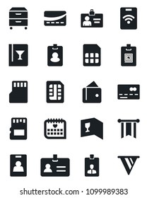 Set of vector isolated black icon - credit card vector, identity, medical calendar, sd, sim, archive box, wine, pass, wallet, pennon