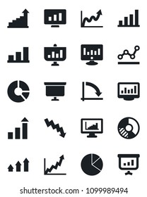 Set of vector isolated black icon - growth statistic vector, presentation board, crisis graph, monitor, circle chart, statistics, bar, pie, point, arrow up