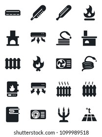 Set of vector isolated black icon - fire vector, hose, fireplace, thermometer, heater, air conditioner, candle, water, radiator, warm floor