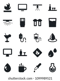 Set of vector isolated black icon - hot cup vector, water drop, dropper, flammable, monitor, alcohol, drink, cocktail, filter, sprinkler, flask