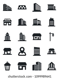 Set of vector isolated black icon - taxi vector, office building, garden light, navigation, store, city house, cafe, storefront