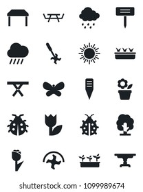 Set of vector isolated black icon - sun vector, flower in pot, ripper, tree, butterfly, lady bug, seedling, rain, plant label, picnic table, tulip