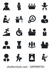 Set of vector isolated black icon - baby vector, manager place, disabled, doctor, identity card, desk, meeting, career ladder, company, estate agent, waiter, cook, consumer search, man with notebook