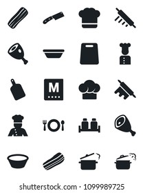 Set of vector isolated black icon - cook vector, cafe, hat, menu, bacon, salt and pepper, ham, bowl, rolling pin, cutting board, knife, steaming pan