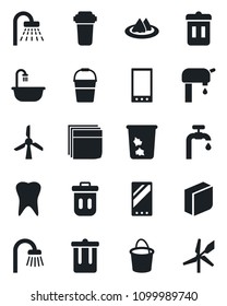 Set of vector isolated black icon - trash bin vector, shower, bucket, tooth, mobile, blank box, water supply, bathroom, serviette, filter, windmill