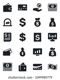Set of vector isolated black icon - credit card vector, ticket office, dollar sign, money bag, statistic monitor, cash, receipt, wallet, investment