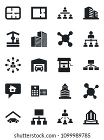 Set of vector isolated black icon - hierarchy vector, well, molecule, hospital, office building, garage, plan, home message