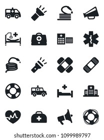 Set of vector isolated black icon - hose vector, heart pulse, doctor case, patch, ambulance star, car, hospital bed, loudspeaker, torch, crisis management